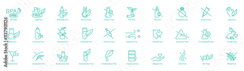 Ultimate Free-From Icon Set – BPA, Lead, Ethylate, Mercury, Chlorine, PVC, Dye, Fragrance, Silicon, Latex, Sulfate, Ammonia, Pesticide, Herbicide, Hormone, Asbestos, Fluoride, Aluminum, Formaldehyde 