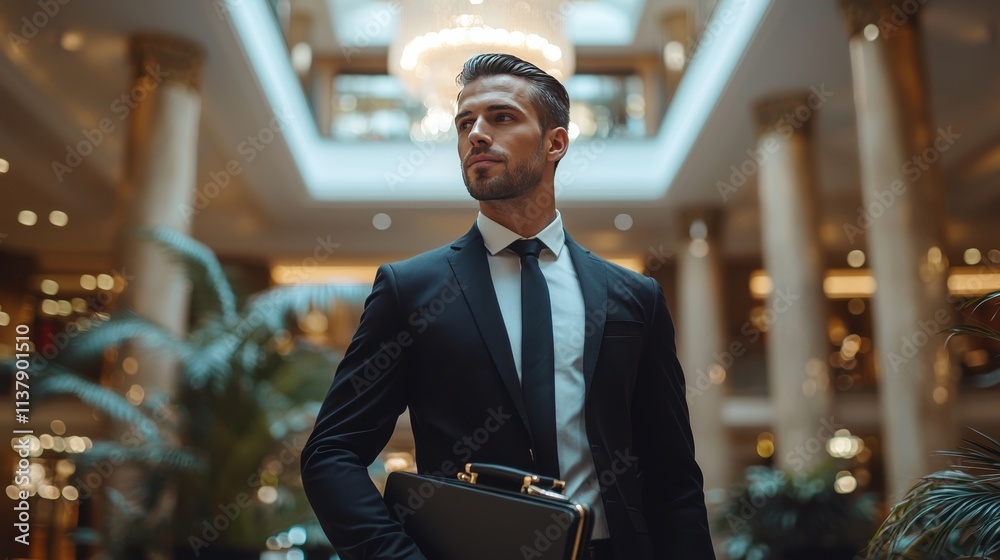 Fototapeta premium Confident Young Businessman in Elegant Hotel Lobby Environment