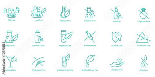 Comprehensive Chemical-Free Icon Set – BPA, Lead, Mercury, Chlorine, Dye, Fragrance, Sulphate, Ammonia, Herbicide, Hormone, Fluoride, Aluminum, Alcohol, Cholesterol, Artificial Colors 