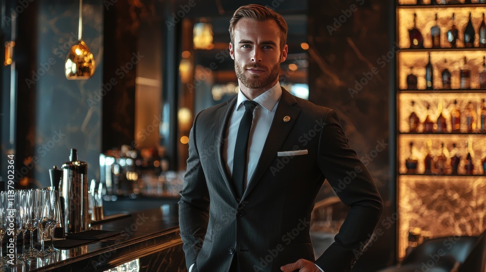 Fototapeta premium Elegant Male Bartender in Stylish Lounge with Sophisticated Ambiance