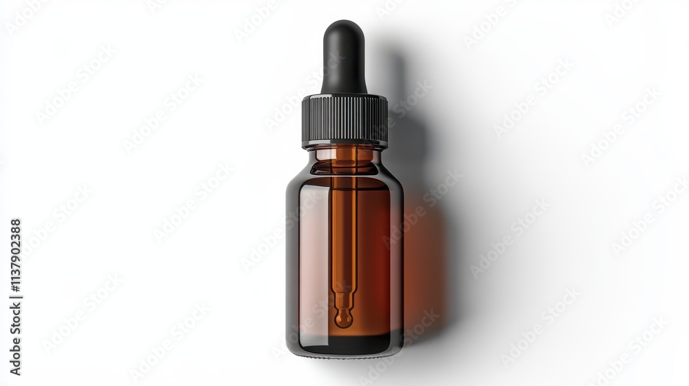 Naklejka premium A dropper bottle filled with liquid, featuring a black lid, set against a clean white background.