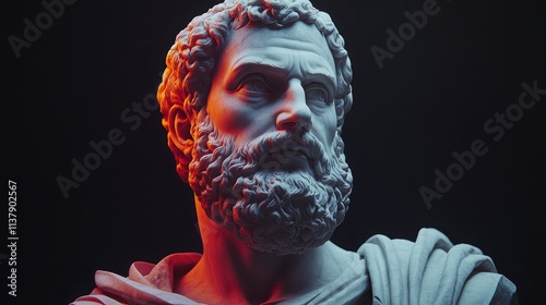 Classical statue of Socrates close-up dark background with red backlight. Space for text or advertising.