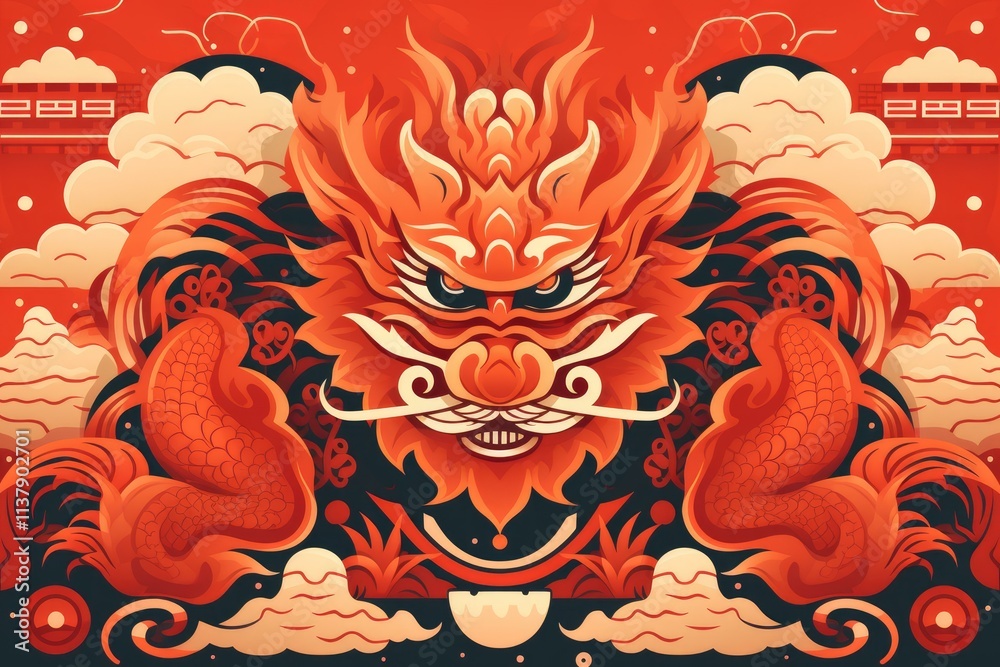 Fototapeta premium Majestic chinese dragon illustration with fiery hues, intricate details, and traditional cloud motifs, perfect for cultural celebrations