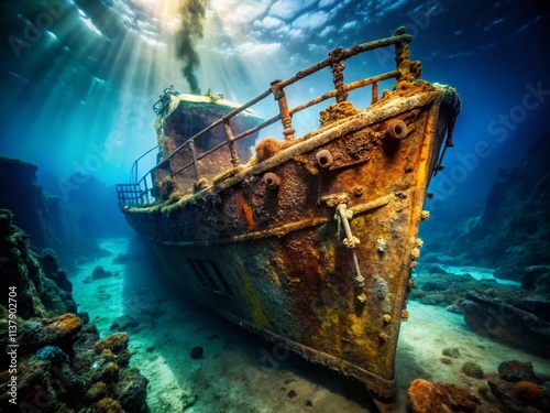 Underwater Titanic Wreck Portrait Photography: Deep Sea Exploration, Dramatic Lighting, Sunken Ship, Ocean Depths photo