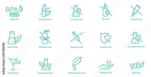 Extensive Chemical-Free Icon Set – BPA, Phthalate, Chlorine, Dye, Silicon, Sulphate, Pesticide, Hormone, Fluoride, Formaldehyde, Alcohol, Preservatives, Artificial Flavors, Allergen, and VOC Free 