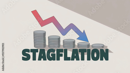 Economic stagflation concept with decreasing coin stacks and downward arrows  
