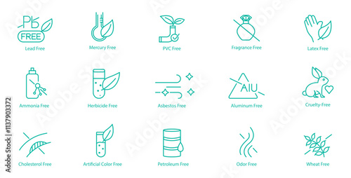 Non-Toxic and Ethical Icon Set – Lead, Mercury, PVC, Fragrance, Latex, Ammonia, Herbicide, Asbestos, Aluminum, Cruelty, Cholesterol, Artificial Colors, Petroleum, Odor, and Weed Free Vector Icons