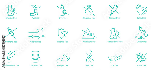 Comprehensive Free-From Icon Set – Chlorine, PVC, Dye, Fragrance, Silicon, Latex, Hormone, Asbestos, Chloride, Aluminum, Formaldehyde, Cruelty, Artificial Flavors, Petroleum, Allergen, Odor, VOC 