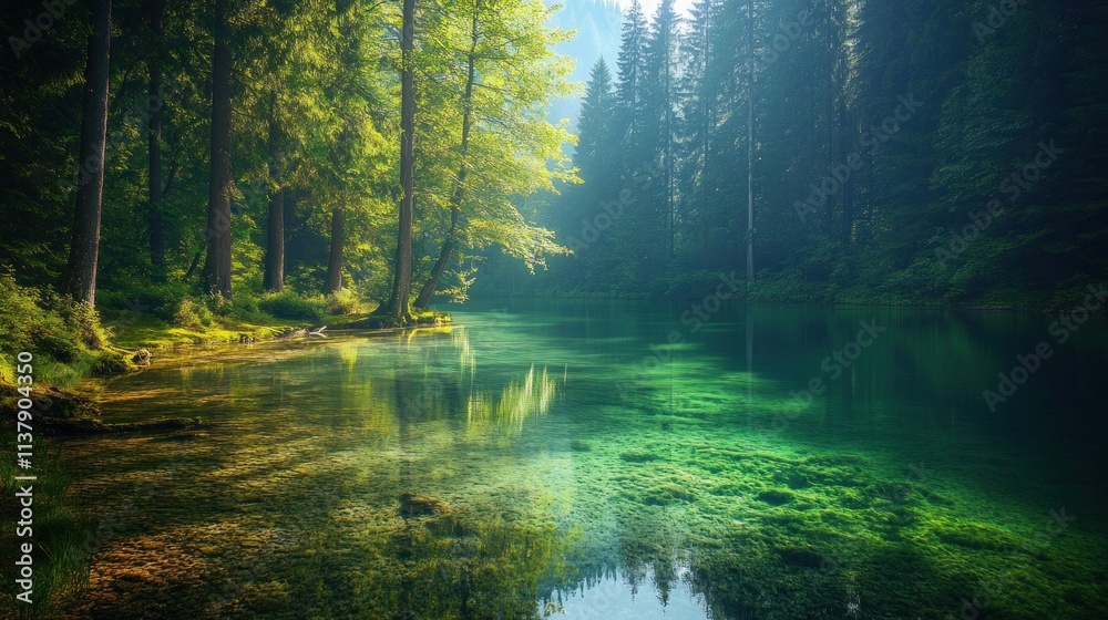 Fototapeta premium A serene forest clearing with a crystal-clear lake