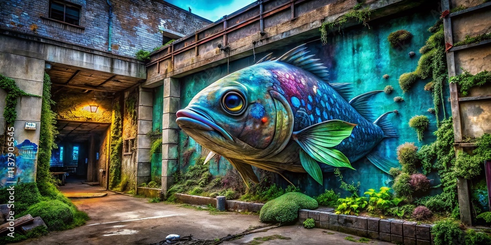 Fototapeta premium Urban Exploration: Blobfish Graffiti, Abandoned Building, Decaying Structure, Surreal Photography