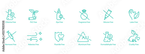 Comprehensive Free-From Icon Set – Chlorine, PVC, Dye, Fragrance, Silicon, Latex, Hormone, Asbestos, Fluoride, Aluminum, Formaldehyde, and Cruelty Free Vector Icons