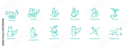 Chemical-Safe and Non-Toxic Icon Set – BPA, Lead, phthalate, Mercury, Chlorine, PVC, Sulfate, Ammonia, Pesticide, Herbicide, Hormone, and Asbestos Free Vector Icons
