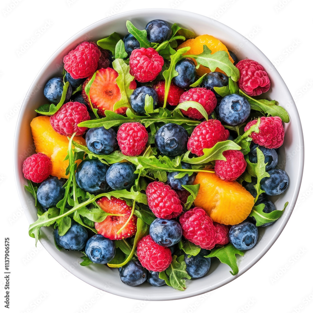 Obraz premium Fresh Mixed Berry and Fruit Salad with Greens in White Bowl