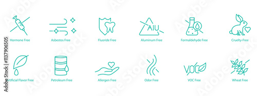 Ethical and Non-Toxic Icon Set – Hormone, Asbestos, Fluoride, Aluminum, Formaldehyde, Cruelty, Artificial Flavor, Petroleum, Allergen, Odor, VOC, and Wheat Free Vector Icons