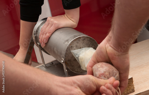 fresh, meat, food, pork, sausage, beef, person, traditional, raw, work, making, sausages, butcher, production, hanging, home, delicious, fat, red, gourmet, butchery, german, filler, wooden, culture, f