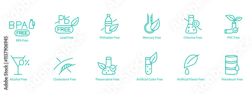 Comprehensive Chemical-Free Icon Set – BPA, Lead, Ethylate, Mercury, Chlorine, PVC, Alcohol, Cholesterol, Preservatives, Artificial Colors, Artificial Flavors, and Petroleum Free Vector Icons