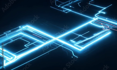 A futuristic digital circuit board glowing with blue light, representing advanced technology, data flow, and interconnected systems in cyberspace.