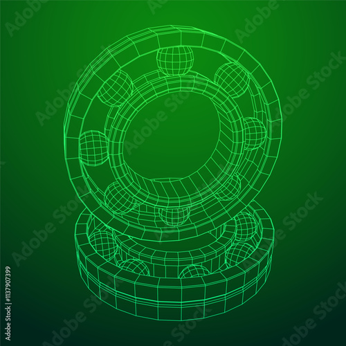 Roller bearing. Circular round rotating bearings used in industry for heavy equipment mechanical work and engineering. Wireframe low poly mesh vector illustration.