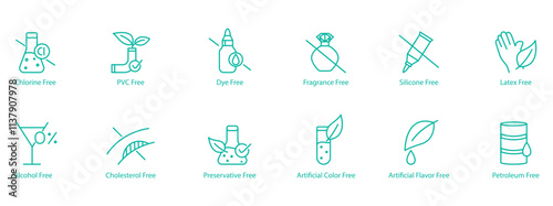 Complete Free-From Icon Set – Chlorine, PVC, Dye, Fragrance, Silicon, Latex, Alcohol, Cholesterol, Preservatives, Artificial Colors, Artificial Flavors, and Petroleum Free Vector Icons