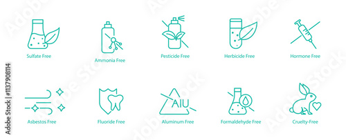 Chemical-Free and Ethical Icon Set – Sulfate, Ammonia, Pesticide, Herbicide, Hormone, Asbestos, Fluoride, Aluminum, Formaldehyde, and Cruelty Free Vector Icons