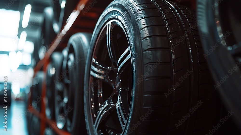 Fototapeta premium A display of tires in a car store, featuring a variety of sizes and brands. The tires are stacked neatly, creating a visually appealing background. The image focuses on a few specific tires