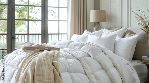 White down comforter on a bed with a beige throw blanket and pillows.