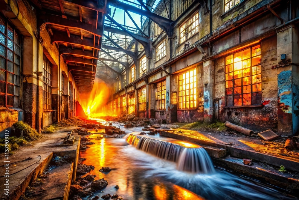 Obraz premium Urban Exploration Photography: Fire Flowing - Abandoned Building, Industrial Decay, Grunge, Dark, Moody, Urban Decay, Graffiti, Rust, Texture, Light Trails