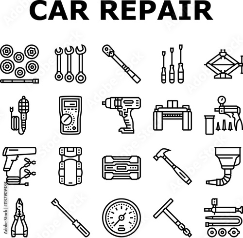 car repair tools wrench icons set vector. socket ratchet, pliers jack, lift screwdriver, multimeter, compressor, torque car repair tools wrench black contour illustrations