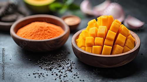 Diced Mango in Wooden Bowl with Spices and Ingredients photo