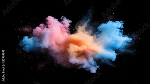 Abstract Cosmic Cloud of Pink, Orange, and Blue Powder on Black, Artistic Explosion of Color
