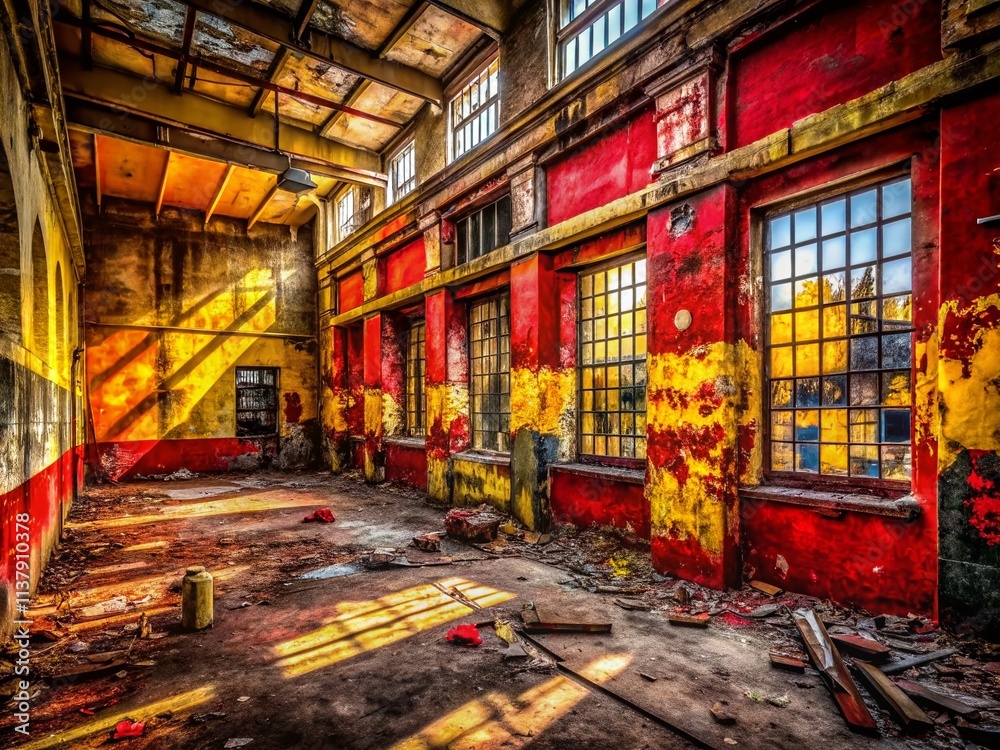 Fototapeta premium Urban Exploration Photography: Red, Yellow, Black – Abandoned Building, Graffiti Art, Industrial Decay