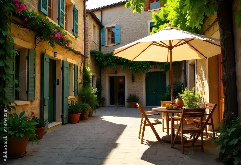 Fototapeta premium A relaxing outdoor patio with a table, chairs, and an umbrella, perfect for summer dining. The cafe or resort setting offers a beautiful view of the pool and water, ideal for vacation or relaxation.