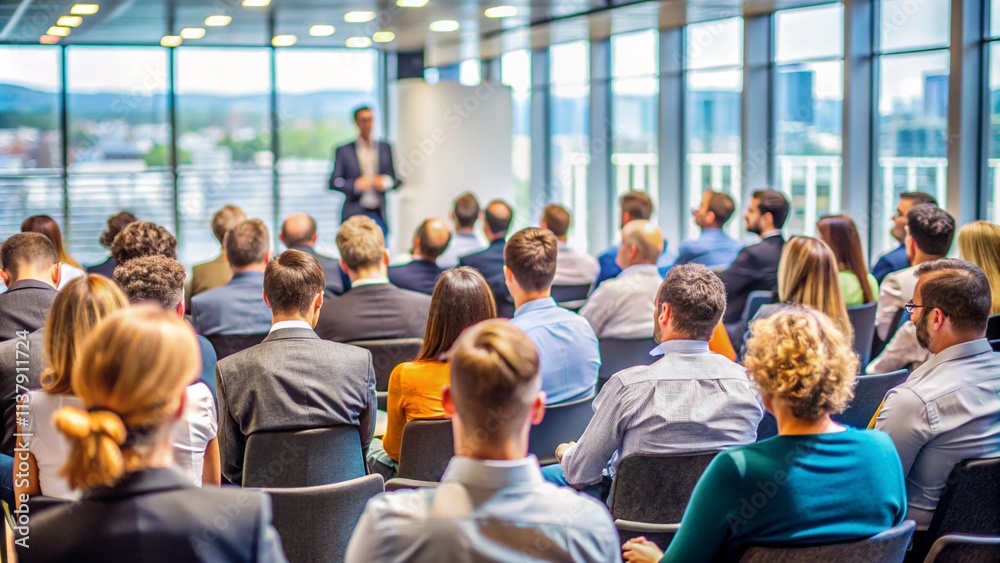Fototapeta premium Rear view of a diverse audience engaged in listening to a speaker delivering a presentation at a business conference hall 