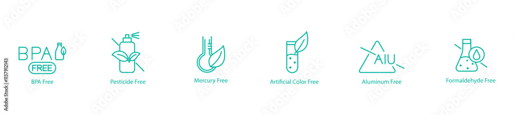 Fototapeta premium BPA, Pesticide, Mercury, Artificial Color, Aluminum, and Formaldehyde Free Vector Icons