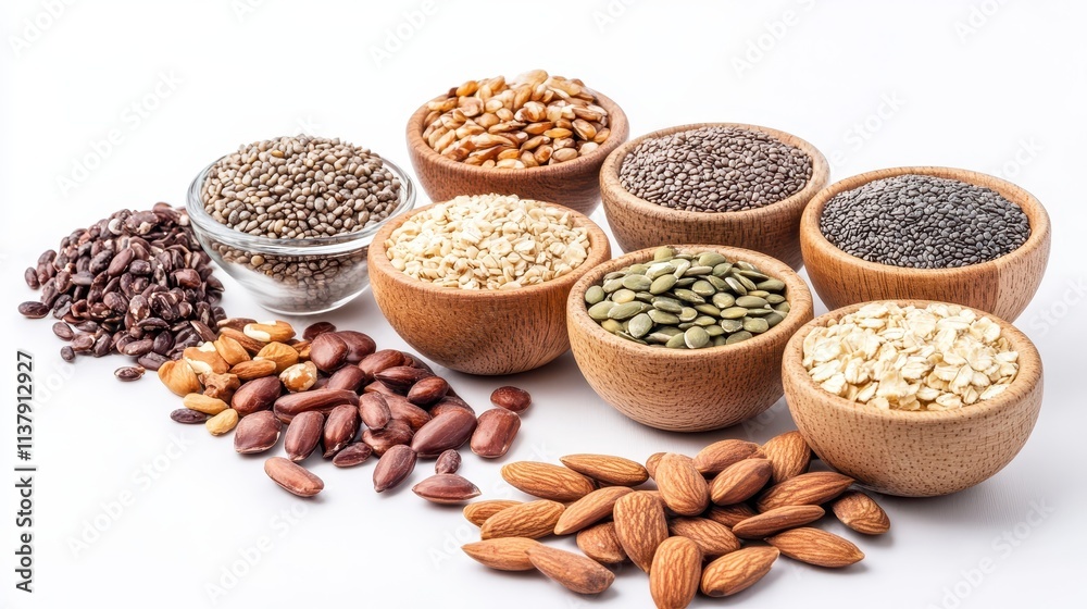 Fototapeta premium Healthy Superfoods Variety of Seeds and Nuts in Wooden Bowls.