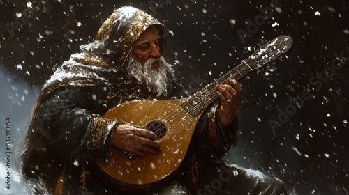 An Elderly Man Plays a Lute in the Snow
