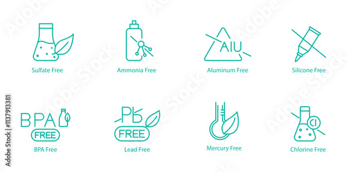 Sulfate, Ammonia, Aluminum, Silicon, BPA, Lead, Mercury, and Chlorine Free Vector Icons
