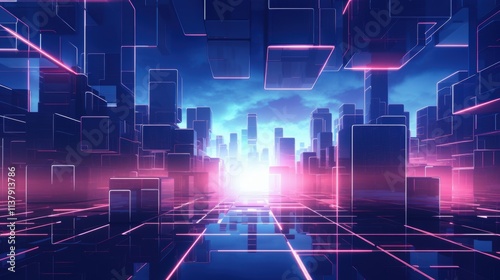 abstract background Neon-Lit Cyberpunk Cityscape with Futuristic Skyline and Reflective Surfaces