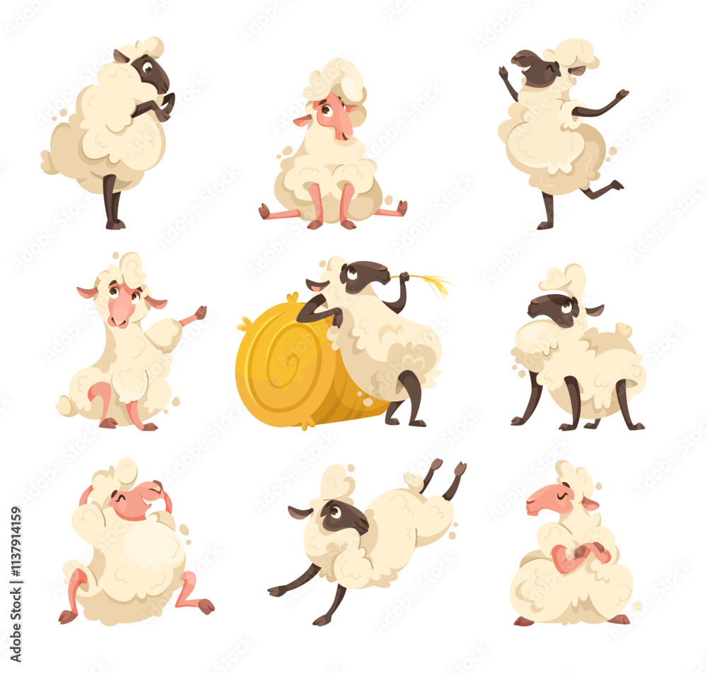 Fototapeta premium Funny Sheep Farm Character with Wooly Body and Hoof Vector Set