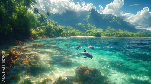 Dolphins Paradise  Tropical Beach  Crystal Clear Water  Majestic Mountains photo