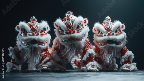 Three vibrant lion dance costumes, symbolizing celebration and cultural heritage. Good content for Chinnese new year photo