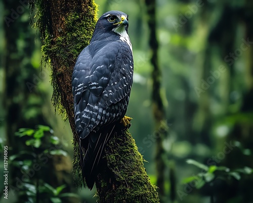 A fierce-looking Goshawk perched on a mossy tree in a dense forest photo