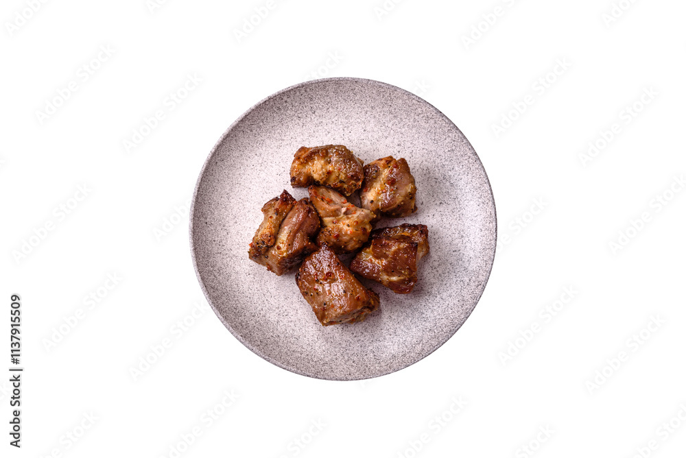 Fototapeta premium Delicious grilled chicken, turkey or pork skewers with salt, spices and herbs