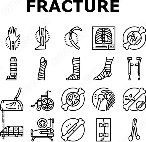 fracture injury bone break icons set vector. trauma healing, cast pain, recovery splint, orthopedic x ray, dislocation fracture injury bone break black contour illustrations photo