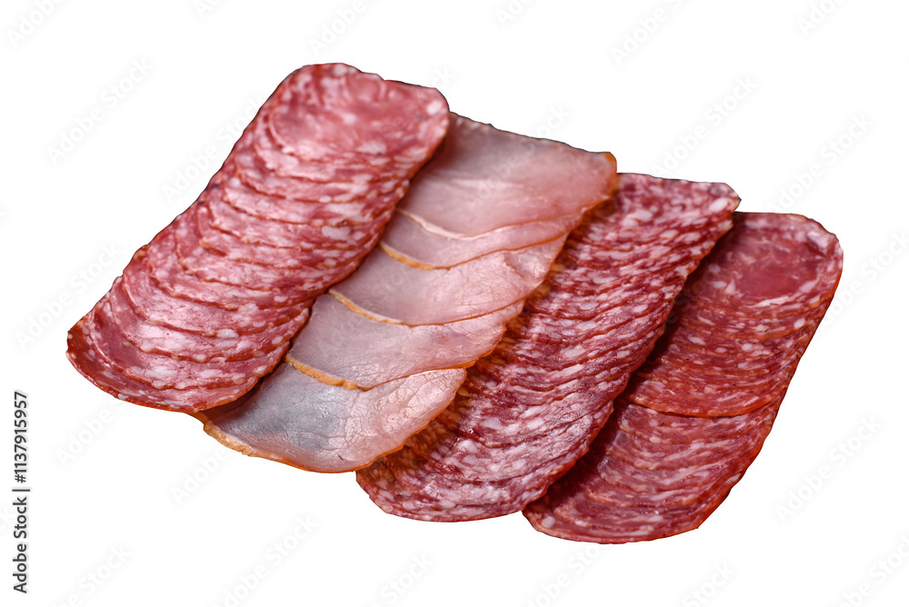 Fototapeta premium Delicious fresh smoked sausages cut with slices