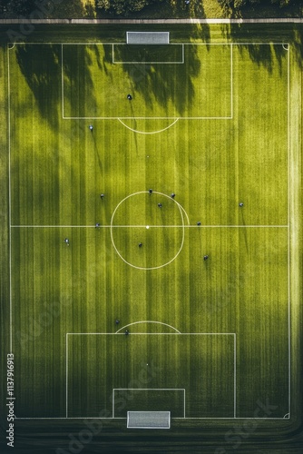Top down aerial view of an empty soccer field, awaiting the joyous moments of the game.