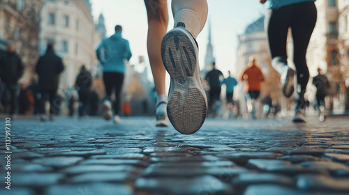 A rear view of the legs of an athletic woman who runs a marathon with other participants in a city square photo