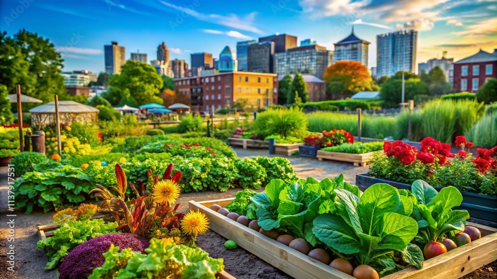 Fototapeta premium Vibrant Community Garden Showcasing Lush Vegetables and Urban Agriculture Connection in a Thriving Park Landscape