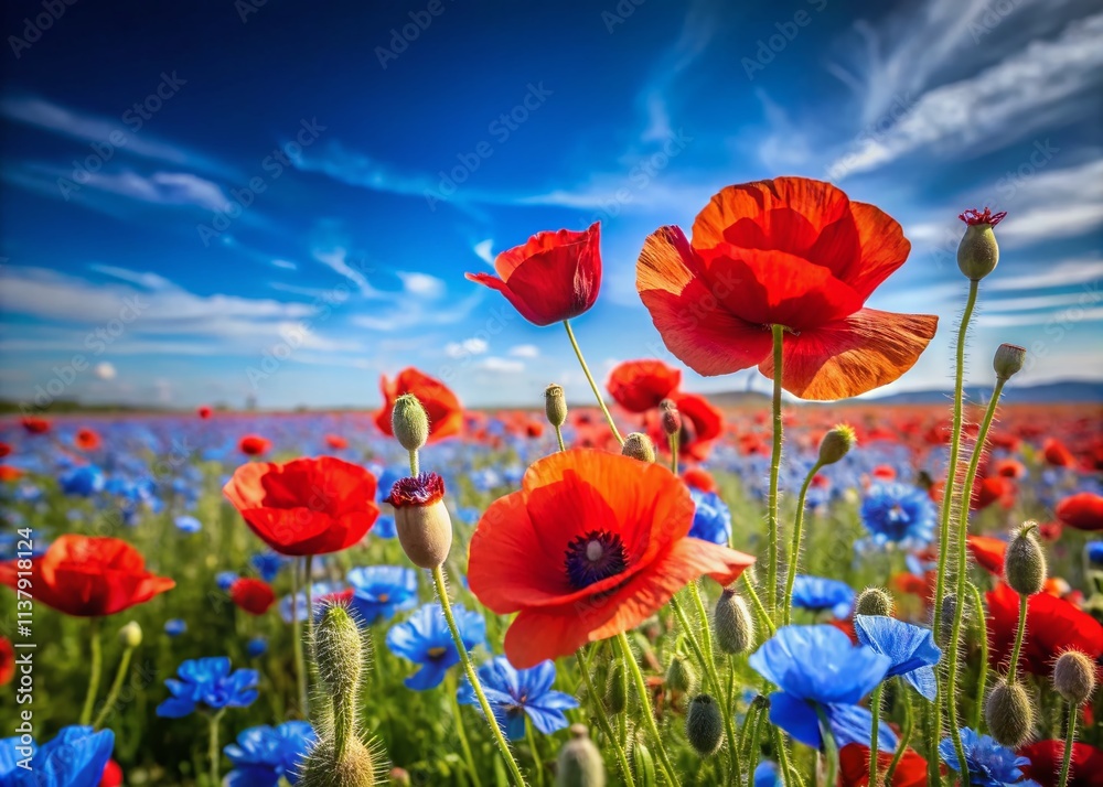 Fototapeta premium Vibrant Field of Red Poppies with Blue Flowers in the Background, Capturing Nature's Beauty in Full Bloom for Stunning Product Photography