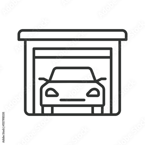 Car in a flat roof garage, icon in line design. Car, garage, flat, roof, vehicle, parking, shelter on white background vector. Car in a flat roof garage editable stroke icon